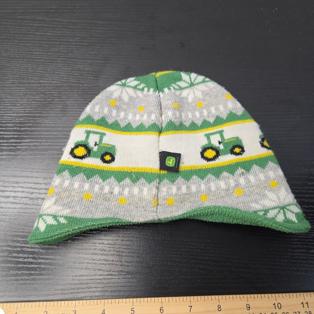 John Deere Kids Fair Isle Tractor Knit Beanie Hat Green Grey Fleece Lined